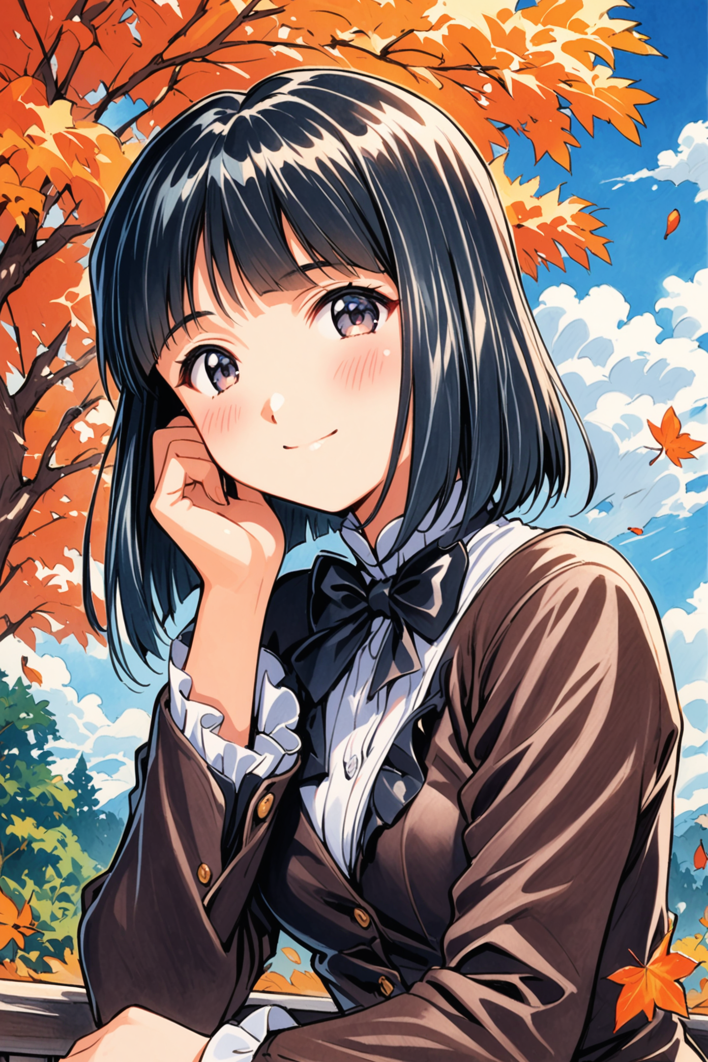 31437-435005627-Kitaoji Hanabi,1girl,solo,short hair,outdoors,black hair,blue hair,sky,light smile,day,looking at viewer,bow,upper body,autumn l.png